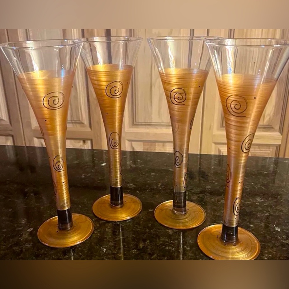 Set Of (4) 90's Satin Sacred Spiral Hand Painted Champagne Flutes Glasses Signed